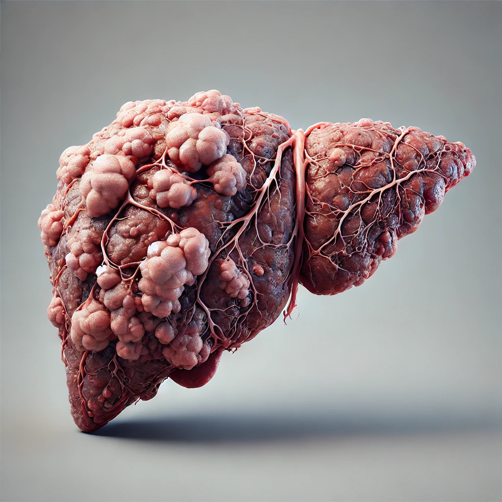 DALL·E 2025-01-29 13.15.32 - A highly realistic 3D illustration of a human liver severely affected by cancer, closely resembling the reference image. The liver should maintain a d