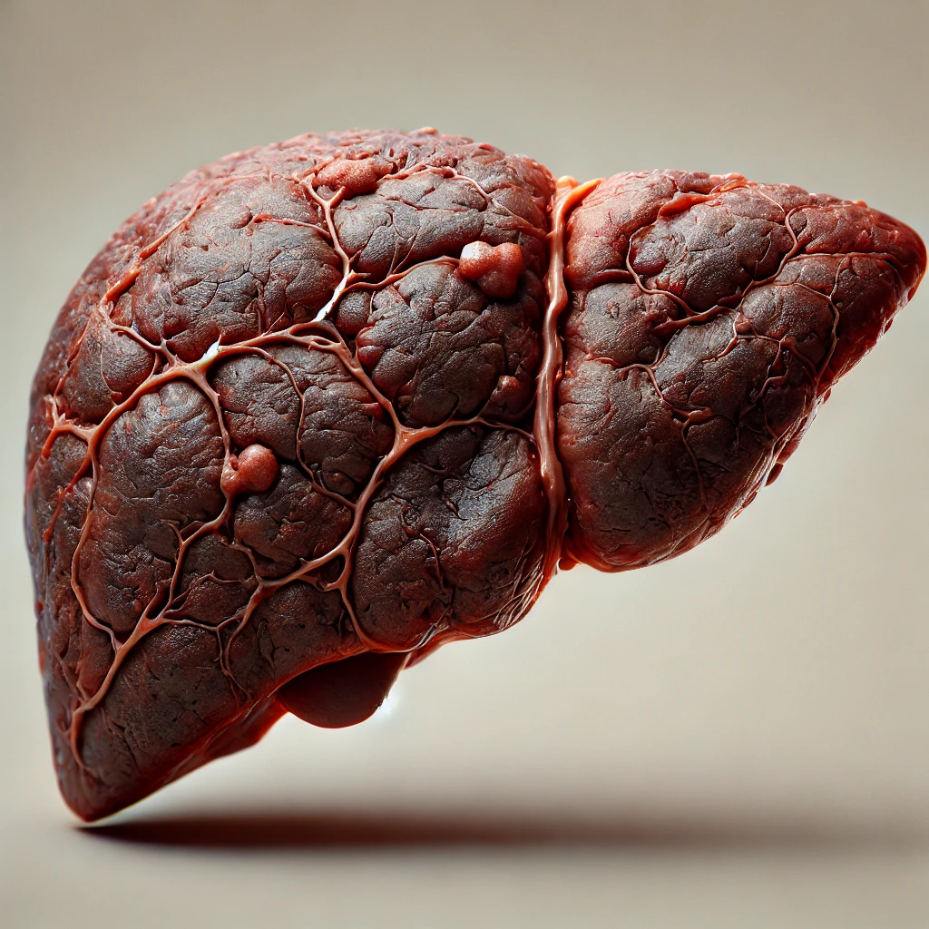 DALL·E 2025-01-29 13.16.18 - A highly realistic 3D illustration of a human liver with cirrhosis, showing a rough, dark brown and reddish surface. The liver should feature visible