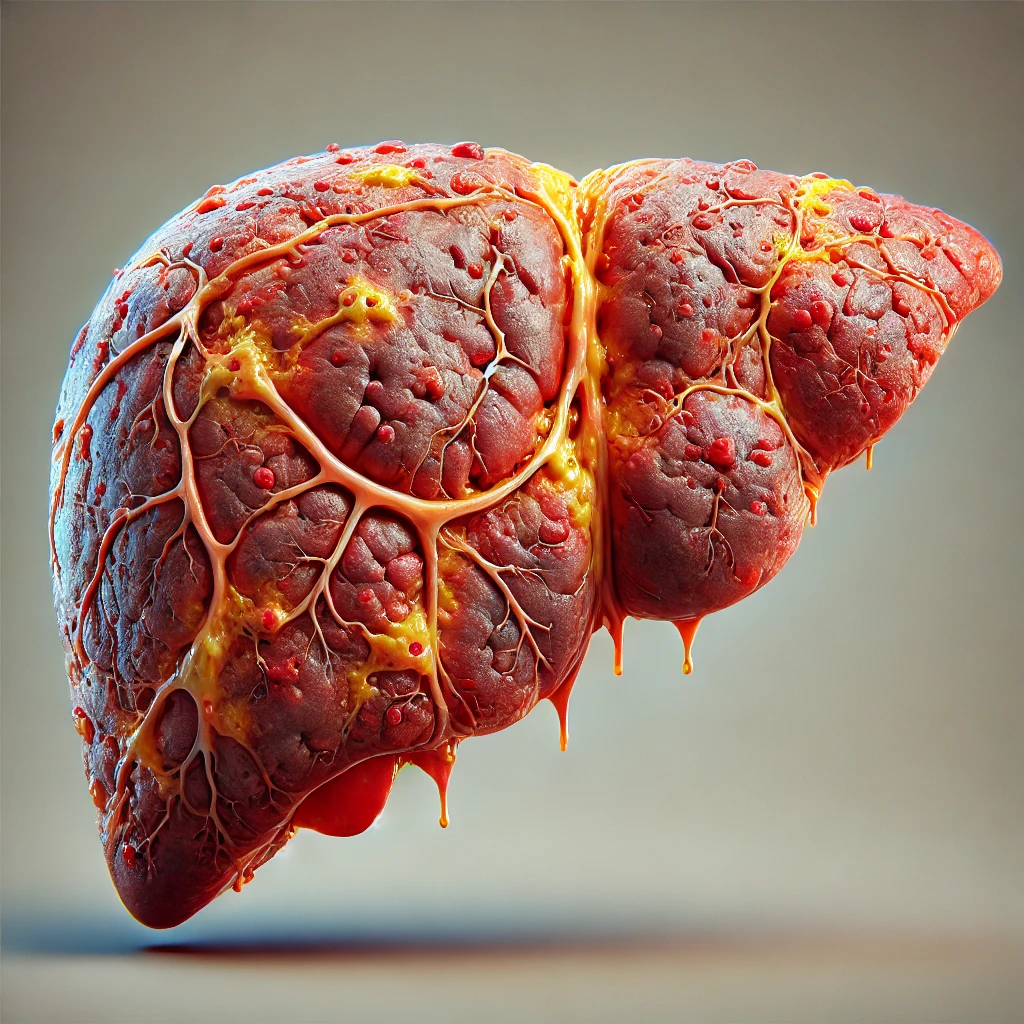 DALL·E 2025-01-29 13.17.06 - A highly realistic 3D illustration of a human liver affected by Non-Alcoholic Steatohepatitis (NASH). The liver should display reddish and yellow patc